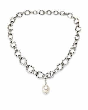 NEW BELLE VIA women's pearl drop chunky link necklace in silver